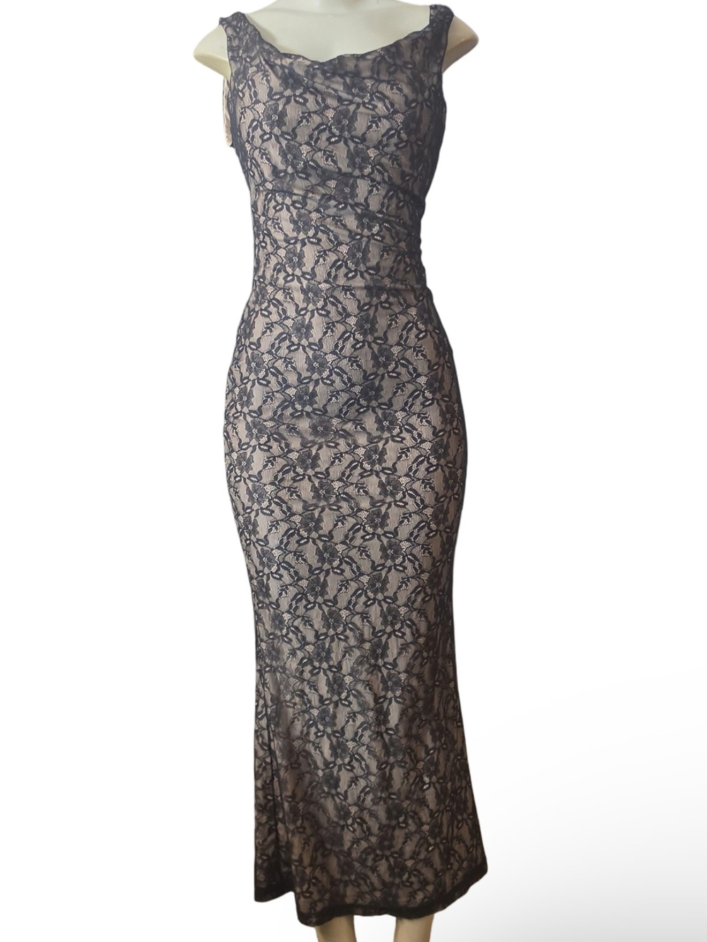 Princess Polly Nude Lined Black Lace Maxi Bodycon Dress Cowl Neck Size 4 Elegant